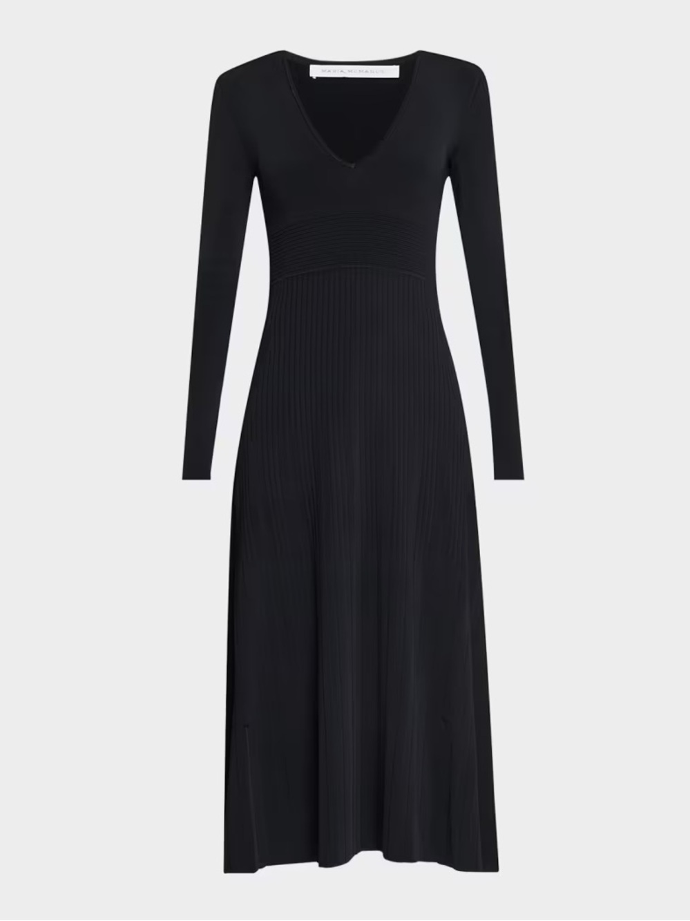 NWT $1,190 MARIA MCMANUS Black Knit V-Neck Long-Sleeve Midi Pleated Dress L